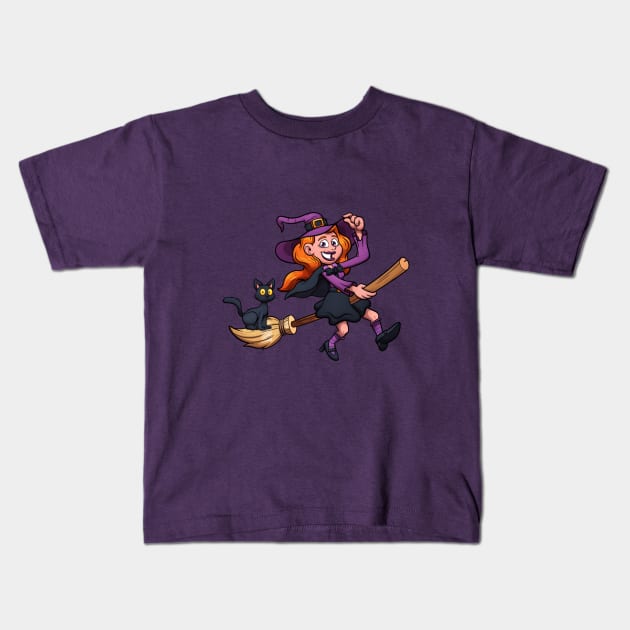 Cute Witch On Broom With Black Cat Kids T-Shirt by TheMaskedTooner